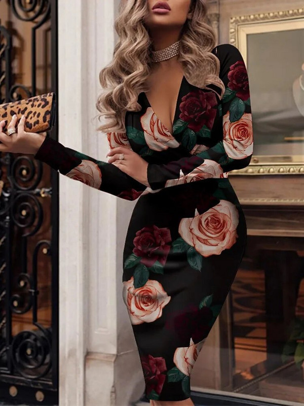 Articat Rudens / Žiemos seksuali moteriška suknelė ilgomis rankovėmis V formos iškirpte, spausdinta suknelė „Tūkstančio paukščio šaškes“ Slim Fit Midi Moteriška laisvalaikio gatvės apranga