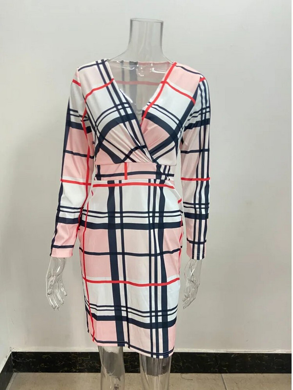 Articat Rudens / Žiemos seksuali moteriška suknelė ilgomis rankovėmis V formos iškirpte, spausdinta suknelė „Tūkstančio paukščio šaškes“ Slim Fit Midi Moteriška laisvalaikio gatvės apranga