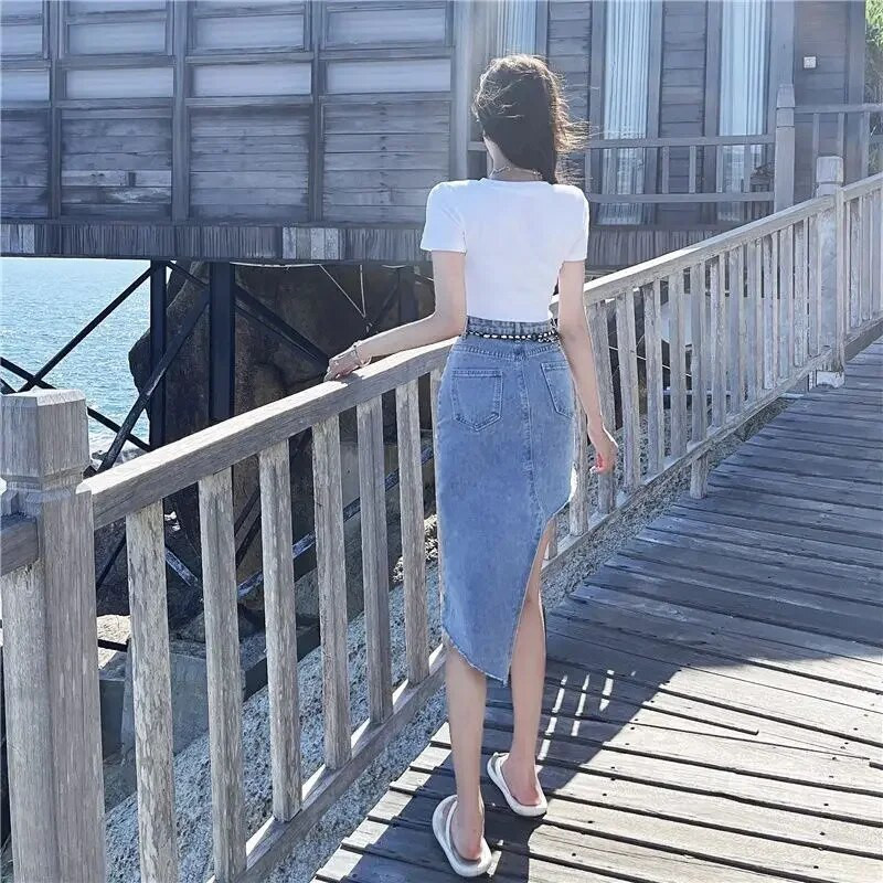 Fusta de blugi pentru femei până la genunchi Fuste midi sexy pentru femei Blugi casual modesti Ofertă estetică Transport gratuit haine V P191