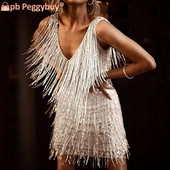 Vintage stil s V izrezom Ženska haljina za latinske plesove, uska haljina na špagete na vrpce, haljina sa svjetlucavim resama, kopčanje na patentni zatvarač, odjeća za zabave