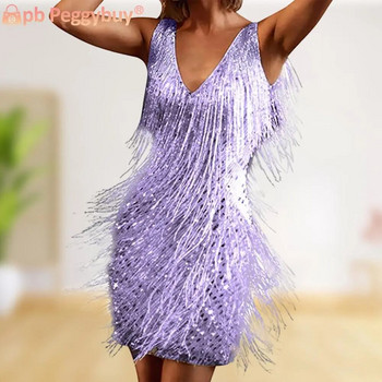 V λαιμόκοψη Vintage Γυναικείο φόρεμα Latin Dance Slim Fit Φόρεμα Spaghetti Strap Φόρεμα Glitter Fringe Φόρεμα με φερμουάρ Κλείσιμο για πάρτι