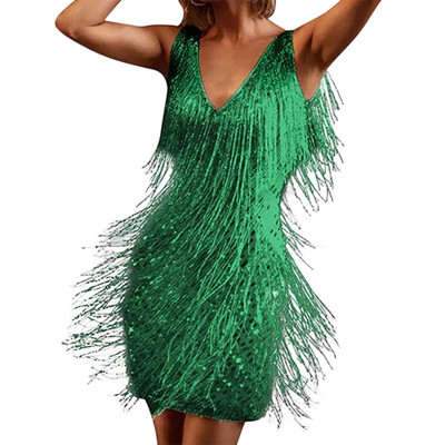 Vintage stil s V izrezom Ženska haljina za latinske plesove, uska haljina na špagete na vrpce, haljina sa svjetlucavim resama, kopčanje na patentni zatvarač, odjeća za zabave