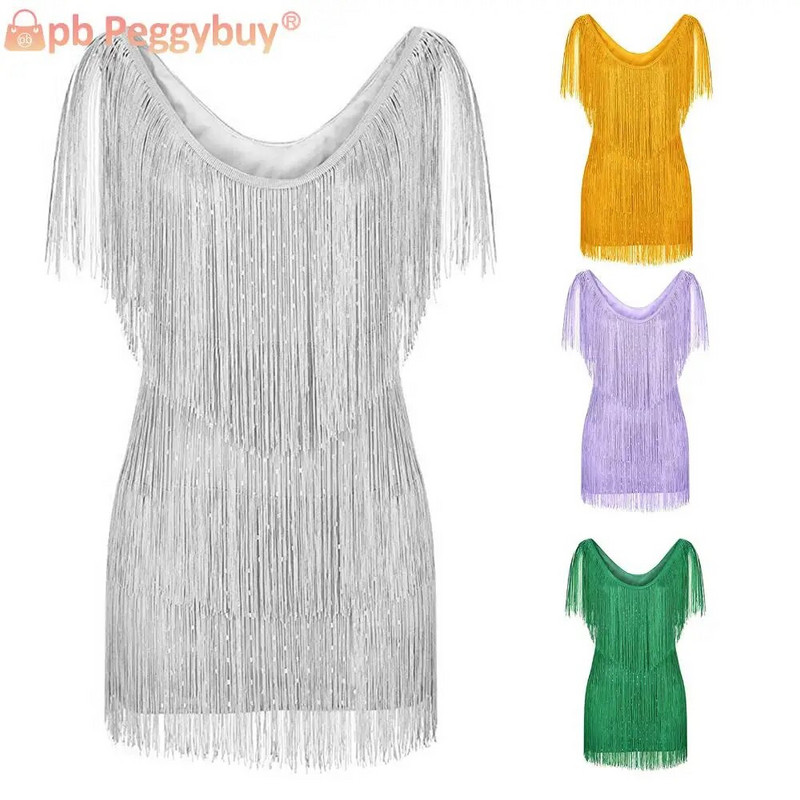 Vintage stil s V izrezom Ženska haljina za latinske plesove, uska haljina na špagete na vrpce, haljina sa svjetlucavim resama, kopčanje na patentni zatvarač, odjeća za zabave