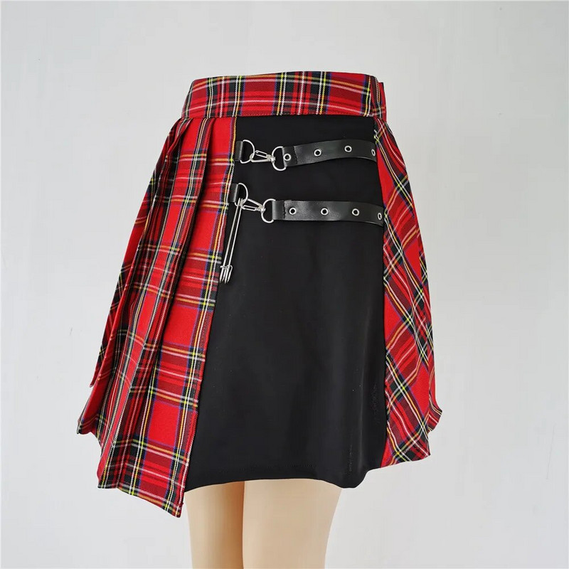 Gótikus punk női piros kockás redős szoknya magas derekú patchwork mini divat utcai viselet csat női gót Falda szexi Mujer