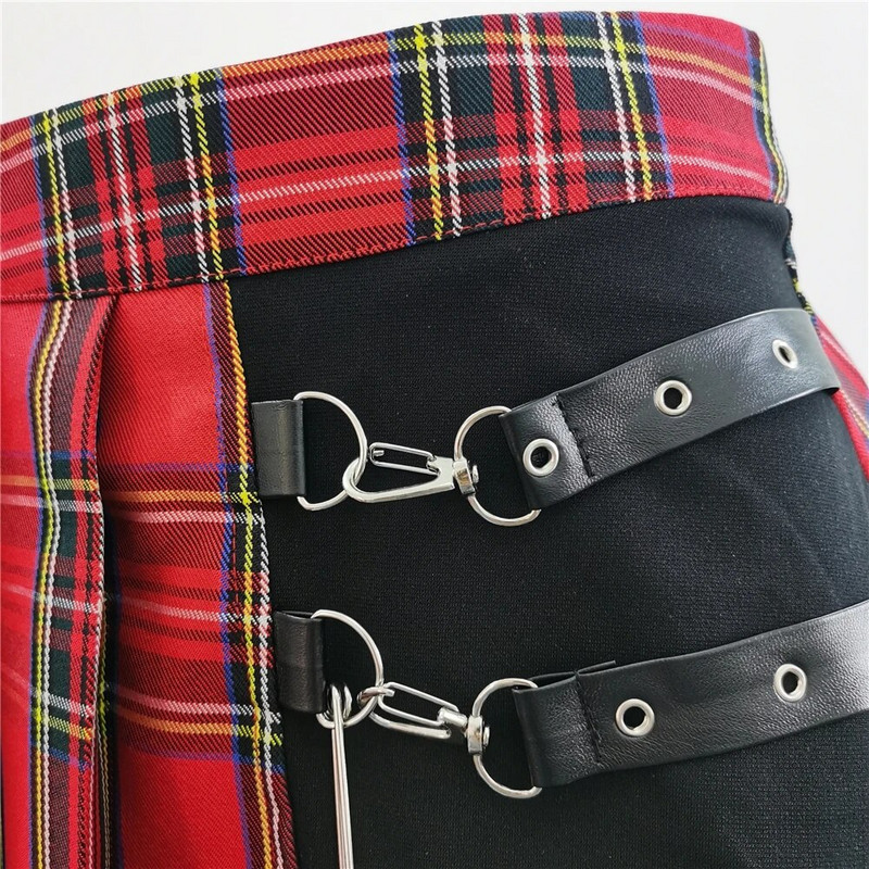Gótikus punk női piros kockás redős szoknya magas derekú patchwork mini divat utcai viselet csat női gót Falda szexi Mujer