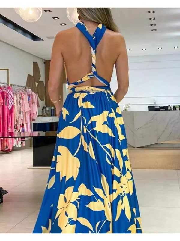 Ženska haljina s novim ljetnim printom Boho ogrtač s visećim ovratnikom i visokim strukom Split seksi haljina Duge haljine Ženska odjeća Haljine za zabave