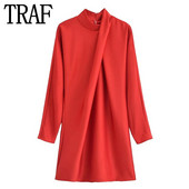 TRAF Crvena mini haljina Ženske kratke haljine s visokim izrezom Jesen Zima Haljine dugih rukava Chic i elegantna ženska haljina