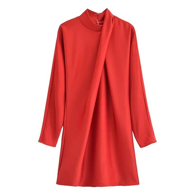 TRAF Crvena mini haljina Ženske kratke haljine s visokim izrezom Jesen Zima Haljine dugih rukava Chic i elegantna ženska haljina