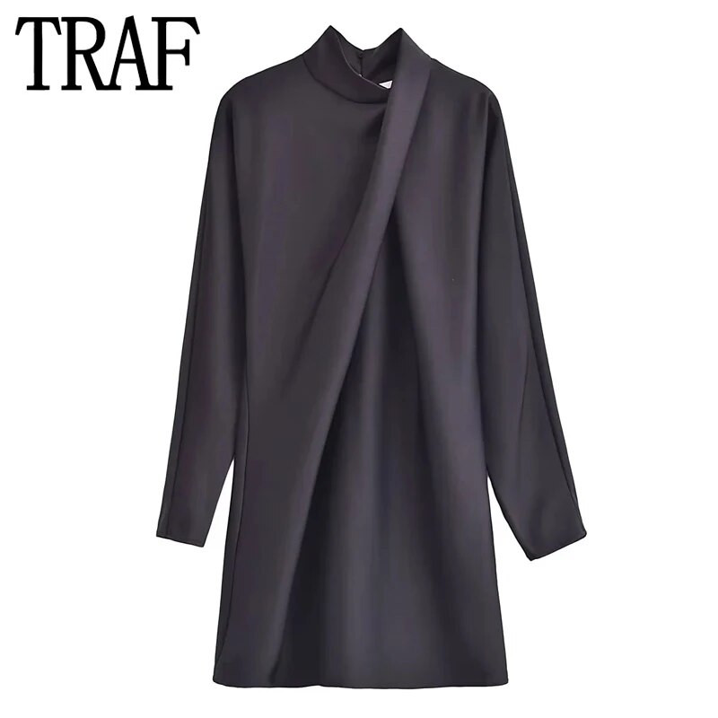 TRAF Crvena mini haljina Ženske kratke haljine s visokim izrezom Jesen Zima Haljine dugih rukava Chic i elegantna ženska haljina