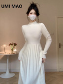 UMI MAO vidutinio ilgio iki kelių ilgio vilnonė suknelė Elegantiška 2023 m. rudens žiema, derinama su palto pamušalu A linijos megztos moteriškos suknelės