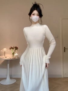 UMI MAO vidutinio ilgio iki kelių ilgio vilnonė suknelė Elegantiška 2023 m. rudens žiema, derinama su palto pamušalu A linijos megztos moteriškos suknelės