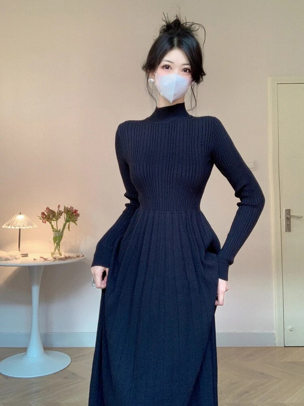 UMI MAO vidutinio ilgio iki kelių ilgio vilnonė suknelė Elegantiška 2023 m. rudens žiema, derinama su palto pamušalu A linijos megztos moteriškos suknelės