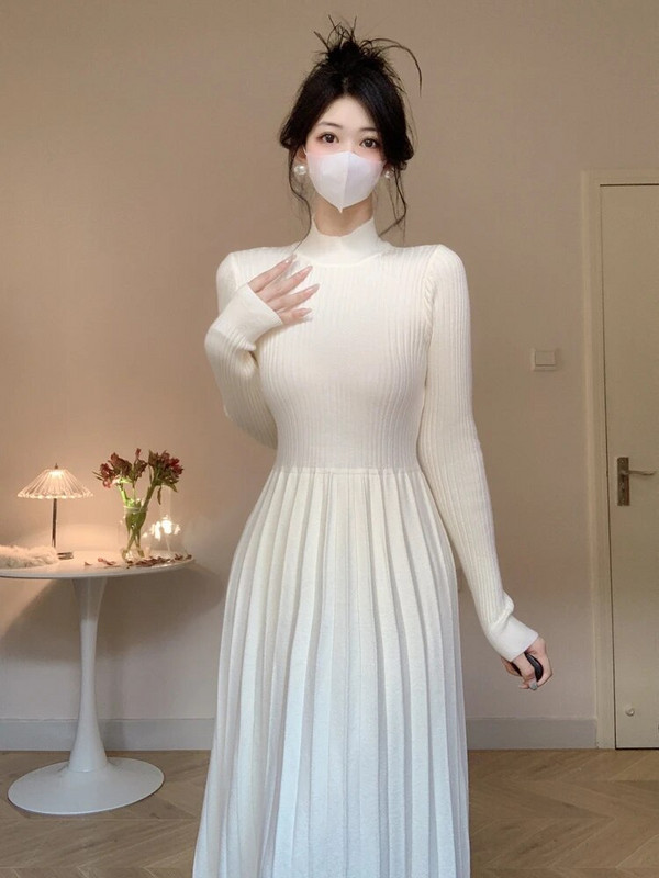 UMI MAO vidutinio ilgio iki kelių ilgio vilnonė suknelė Elegantiška 2023 m. rudens žiema, derinama su palto pamušalu A linijos megztos moteriškos suknelės