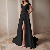 Rochie de mireasă șic pentru doamne, cu decolteu în V, cu fante, mâneci tip șapcă, trenă, linie, cu buzunare, făcută la comandă