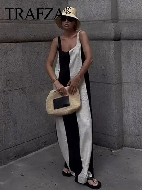 Γυναικείο καλοκαιρινό φόρεμα μόδας TRAFZA Λευκή και μαύρη ρίγα αμάνικο φαρδύ μακρύ φόρεμα Γυναικείο ευέλικτο στυλ παραλίας Mujer Vestidos