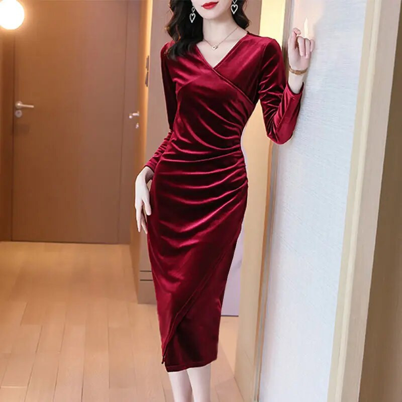 Jesen Zima Elegantna baršunasta haljina Ženska elegantna haljina s križnim olovkom s V-izrezom Univerzalna haljina za uredske dame Jednobojne večernje haljine