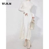 2023. Zimske vintage midi haljine s dugim rukavima u jednoj boji Ženska elegantna ležerna dolčevita bijela pletena haljina A-kroja