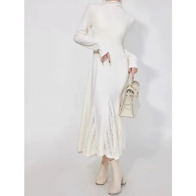 2023. Zimske vintage midi haljine s dugim rukavima u jednoj boji Ženska elegantna ležerna dolčevita bijela pletena haljina A-kroja