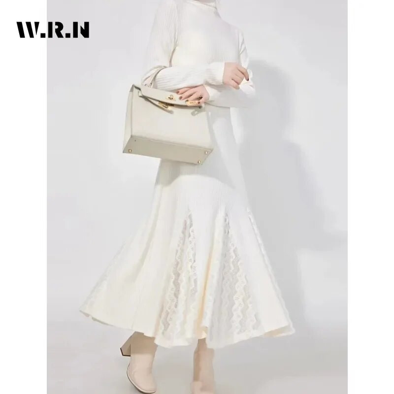 2023. Zimske vintage midi haljine s dugim rukavima u jednoj boji Ženska elegantna ležerna dolčevita bijela pletena haljina A-kroja