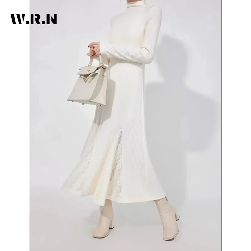 2023. Zimske vintage midi haljine s dugim rukavima u jednoj boji Ženska elegantna ležerna dolčevita bijela pletena haljina A-kroja