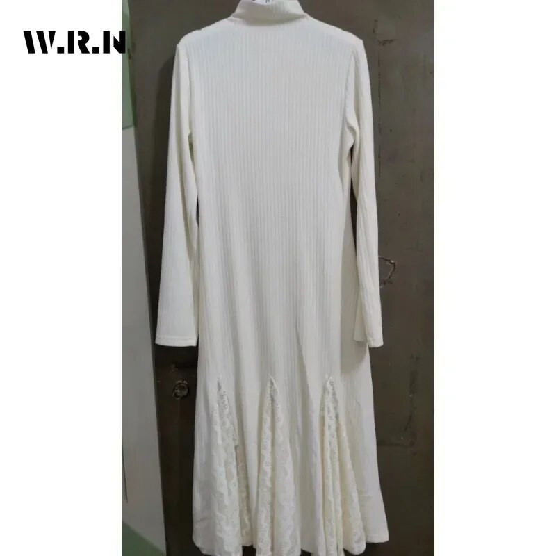 2023. Zimske vintage midi haljine s dugim rukavima u jednoj boji Ženska elegantna ležerna dolčevita bijela pletena haljina A-kroja