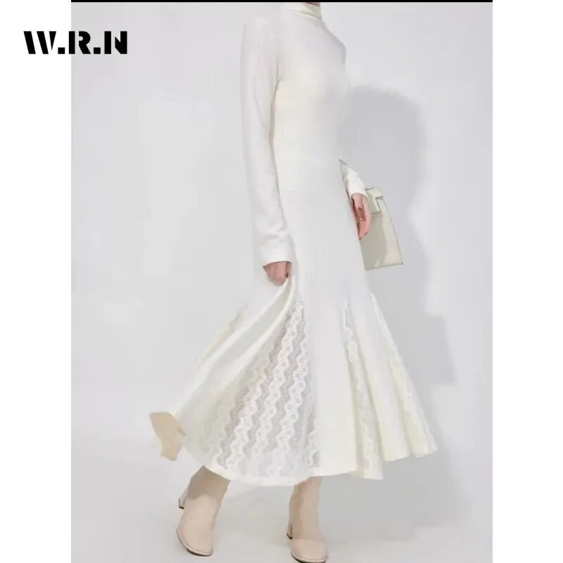 2023. Zimske vintage midi haljine s dugim rukavima u jednoj boji Ženska elegantna ležerna dolčevita bijela pletena haljina A-kroja