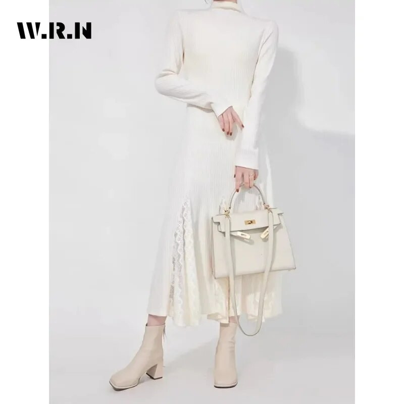 2023. Zimske vintage midi haljine s dugim rukavima u jednoj boji Ženska elegantna ležerna dolčevita bijela pletena haljina A-kroja