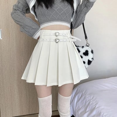 Moteriški japoniški Y2K Kawaii Streetwear klostuoti seksualūs mini sijonai pavasario vasara mergaitei juoda balta dvigubu diržu aukštu juosmeniu sijonas Faldas