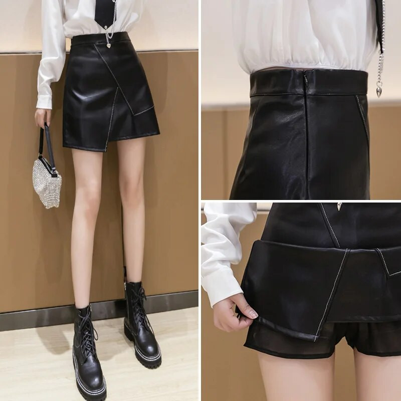 CHIC Ins fustă mini pentru femei cu talie înaltă Pantaloni pantaloni neregulați pentru școală Fusta PU din imitație Pantaloni scurți din piele artificială