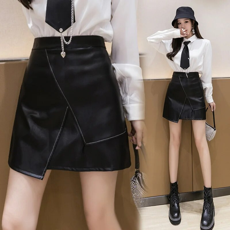 CHIC Ins fustă mini pentru femei cu talie înaltă Pantaloni pantaloni neregulați pentru școală Fusta PU din imitație Pantaloni scurți din piele artificială