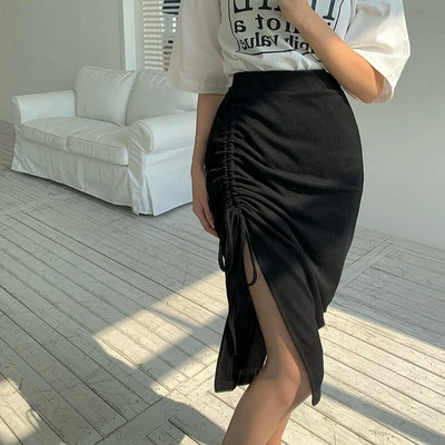 Plisirana pletena suknja Ženske plisirane midi suknje visokog struka s uzicom Podijeljene korejske seksi olovka plašt suknja Elegantna uska N096
