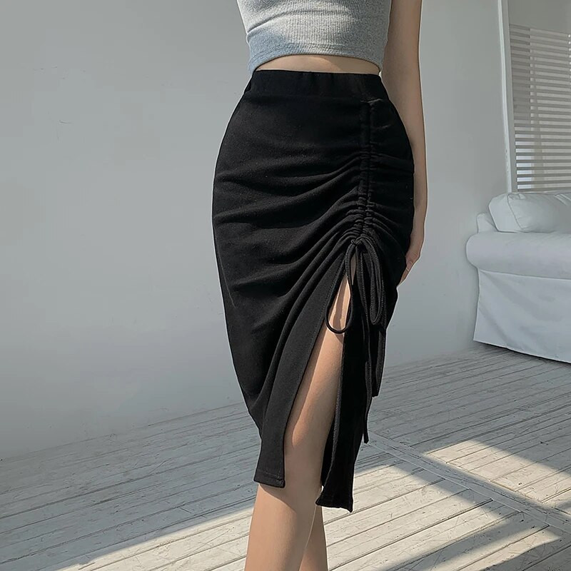 Plisirana pletena suknja Ženske plisirane midi suknje visokog struka s uzicom Podijeljene korejske seksi olovka plašt suknja Elegantna uska N096