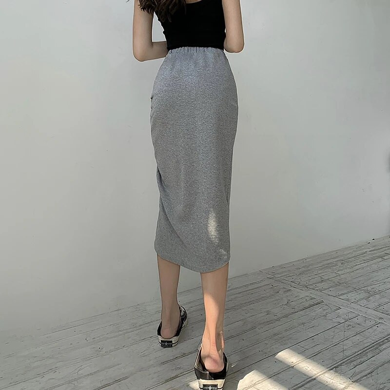 Plisirana pletena suknja Ženske plisirane midi suknje visokog struka s uzicom Podijeljene korejske seksi olovka plašt suknja Elegantna uska N096
