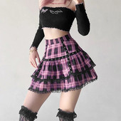 FICHOR Mall Goth Gothic čipkaste mini suknje s volanima Ženska Harajuku Fairy Grunge Ružičasta karirana plisirana suknja Japanska Lolita Streetwear