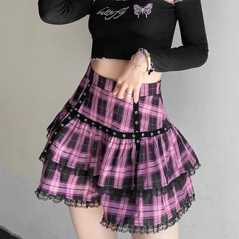 FICHOR Mall Goth Gothic Lace Ruffle Μίνι Φούστες Γυναικείες Harajuku Fairy Grunge Ροζ καρό πλισέ φούστα Ιαπωνική Lolita Streetwear