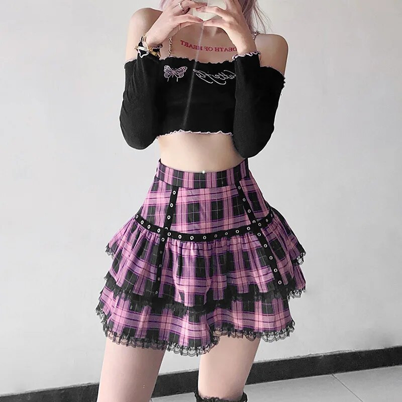 FICHOR Mall Goth Gothic čipkaste mini suknje s volanima Ženska Harajuku Fairy Grunge Ružičasta karirana plisirana suknja Japanska Lolita Streetwear