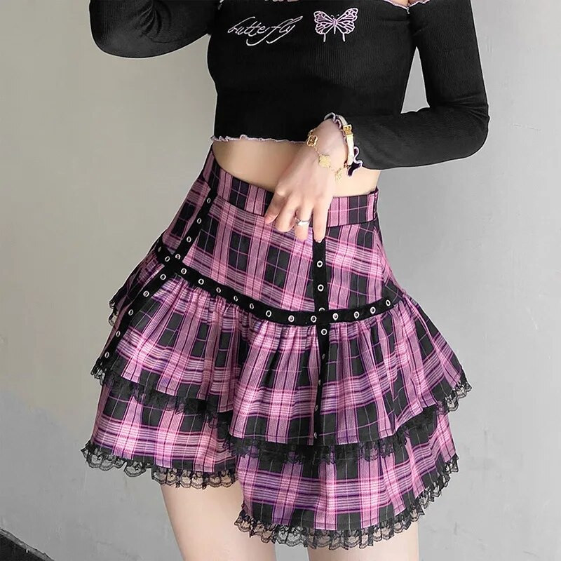 FICHOR Mall Goth Gothic čipkaste mini suknje s volanima Ženska Harajuku Fairy Grunge Ružičasta karirana plisirana suknja Japanska Lolita Streetwear