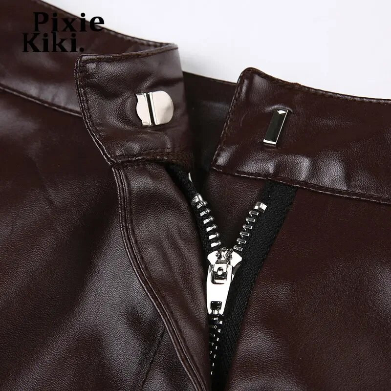 Μίνι φούστες PixieKiki Y2k για γυναίκες με μεταλλική πόρπη με ζώνη PU Δερμάτινη δαντέλα συνονθύλευμα ακανόνιστη φούστα Fairy Grunge P67-DI20