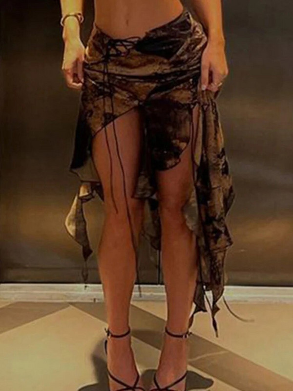 Σέξι βολάν Ασύμμετρες φούστες διακοπών Γυναικείες Harajuku Εκτύπωση μακριά ρούχα Clubwear Chic 90s Y2k Γυναικεία streetwear φούστα