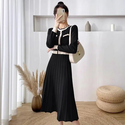 Toamnă Iarnă Retro franceză decolteu O rochie lungă tricotată într-un singur piept, confortabilă, casual, de birou, pentru femei, coreeană, bodycon R21