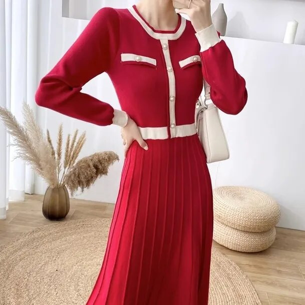 Toamnă Iarnă Retro franceză decolteu O rochie lungă tricotată într-un singur piept, confortabilă, casual, de birou, pentru femei, coreeană, bodycon R21