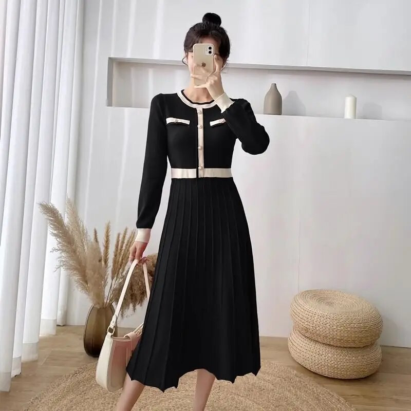 Toamnă Iarnă Retro franceză decolteu O rochie lungă tricotată într-un singur piept, confortabilă, casual, de birou, pentru femei, coreeană, bodycon R21