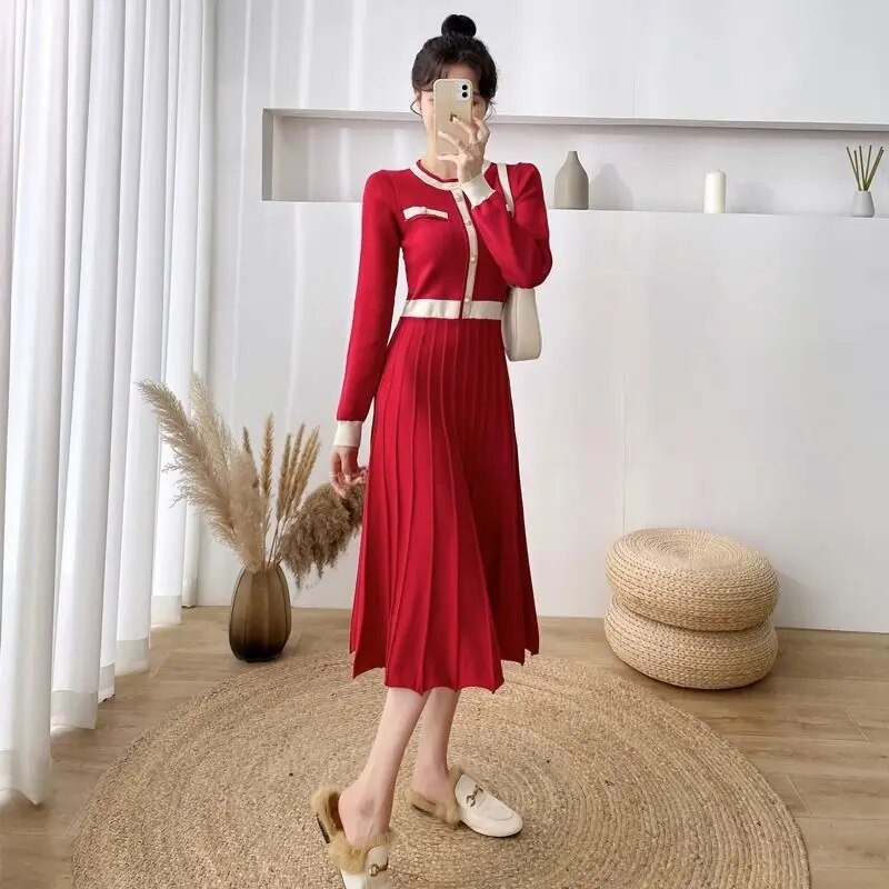 Toamnă Iarnă Retro franceză decolteu O rochie lungă tricotată într-un singur piept, confortabilă, casual, de birou, pentru femei, coreeană, bodycon R21