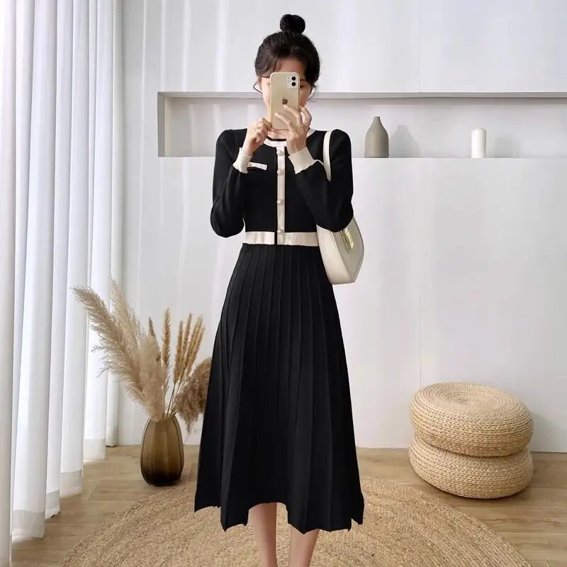 Toamnă Iarnă Retro franceză decolteu O rochie lungă tricotată într-un singur piept, confortabilă, casual, de birou, pentru femei, coreeană, bodycon R21