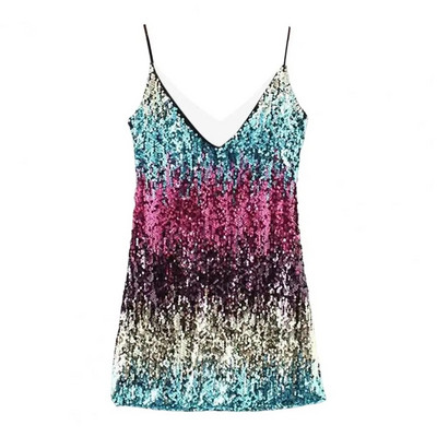 Rochie de vară șic Mini rochie de culoare uni fără spate Femei sexy de culoare argintie paiete mini rochie creion strâmtă în talie