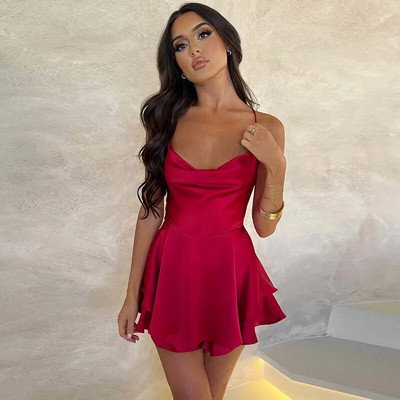 Sieviešu seksīga pārsējs, satīna kleita bez piedurknēm Eleganta minikleitas bez piedurknēm Bodycon Mini kleitas Modes, sarkanas ballīšu krāsas, šauras, krusta piesienamas Vestidos