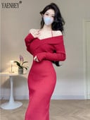 Pulover tricotat cu umăr de pe gât sexy Rochii maxi pentru femei Rochie midi roșie cu corp roșu, iarna 2023
