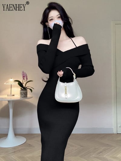 Pulover tricotat cu umăr de pe gât sexy Rochii maxi pentru femei Rochie midi roșie cu corp roșu, iarna 2023