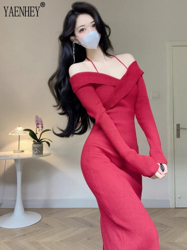 Pulover tricotat cu umăr de pe gât sexy Rochii maxi pentru femei Rochie midi roșie cu corp roșu, iarna 2023