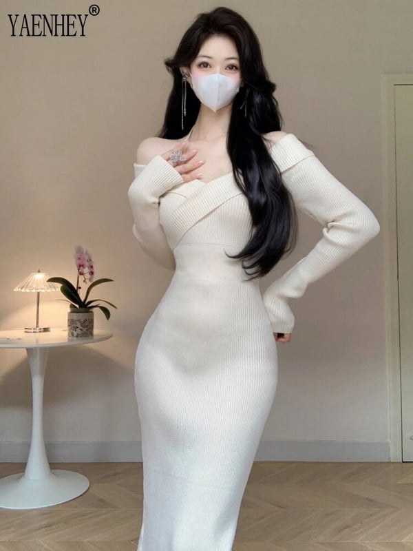 Pulover tricotat cu umăr de pe gât sexy Rochii maxi pentru femei Rochie midi roșie cu corp roșu, iarna 2023